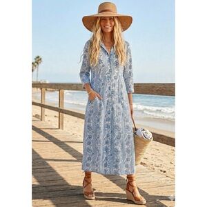 Julia Amory Boho Blue Floral Block Print Shirt Maxi Resort India Made Dress XL